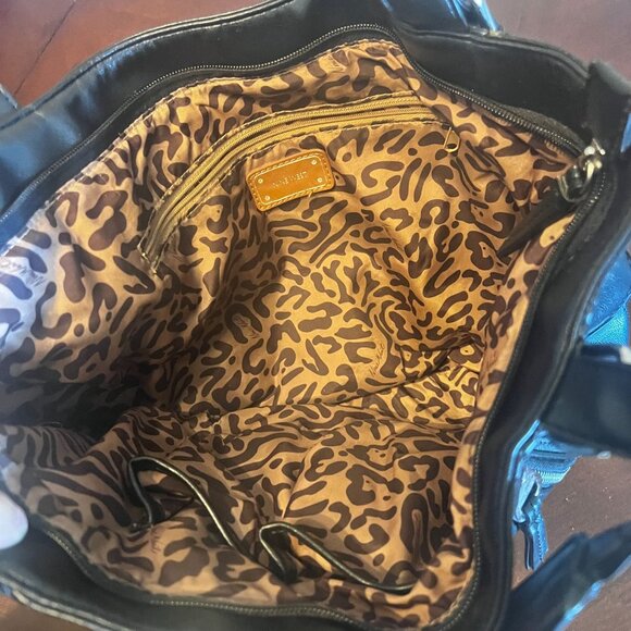 Nine West Black Faux Leather Tote Bag Dual Handles‎ Leopard Print Lining handbag - Picture 6 of 10